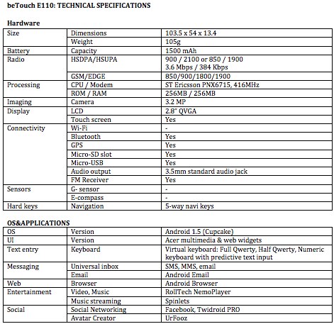 acer betouch e110 specifications