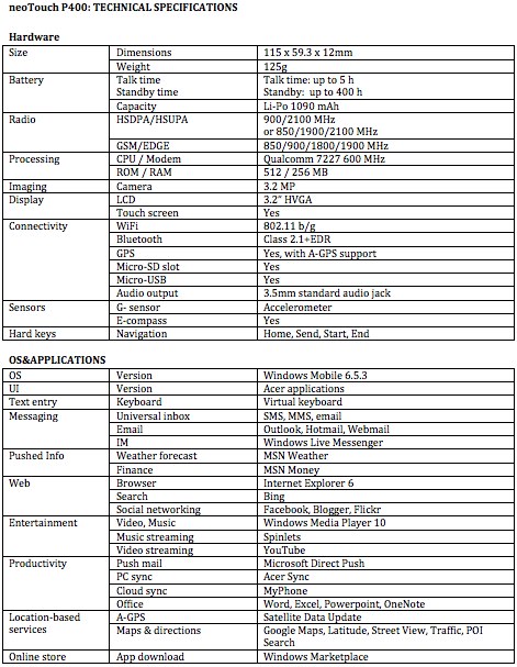 acer neotouch p400 specifications