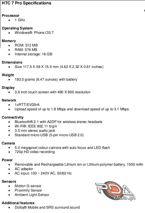 htc 7 pro specs