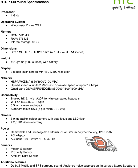 htc 7 surround specs